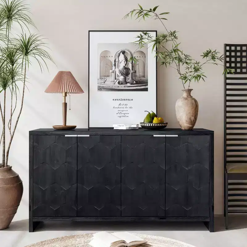 Farmhouse Accent Sideboard Cabinet with Carved Doors & Divided Storage