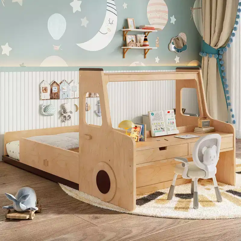 Fun Kids Car-Shaped Bunk Bed with Storage Drawers, Windows, and Desk Made from Natural Premium Materials Natural