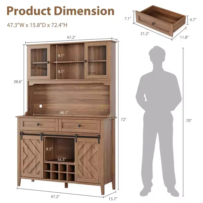COZONY 72 Farmhouse Bar Cabinet with Sliding Barn Door, Kitchen Buffet Hutch with Charging Station, LED Rustic Coffee Bar