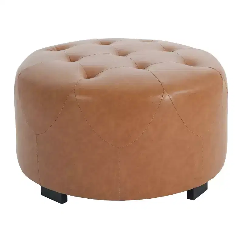 Round Button Tufted Ottoman, PU/Linen Upholstered Footstool with Birch Wood Legs