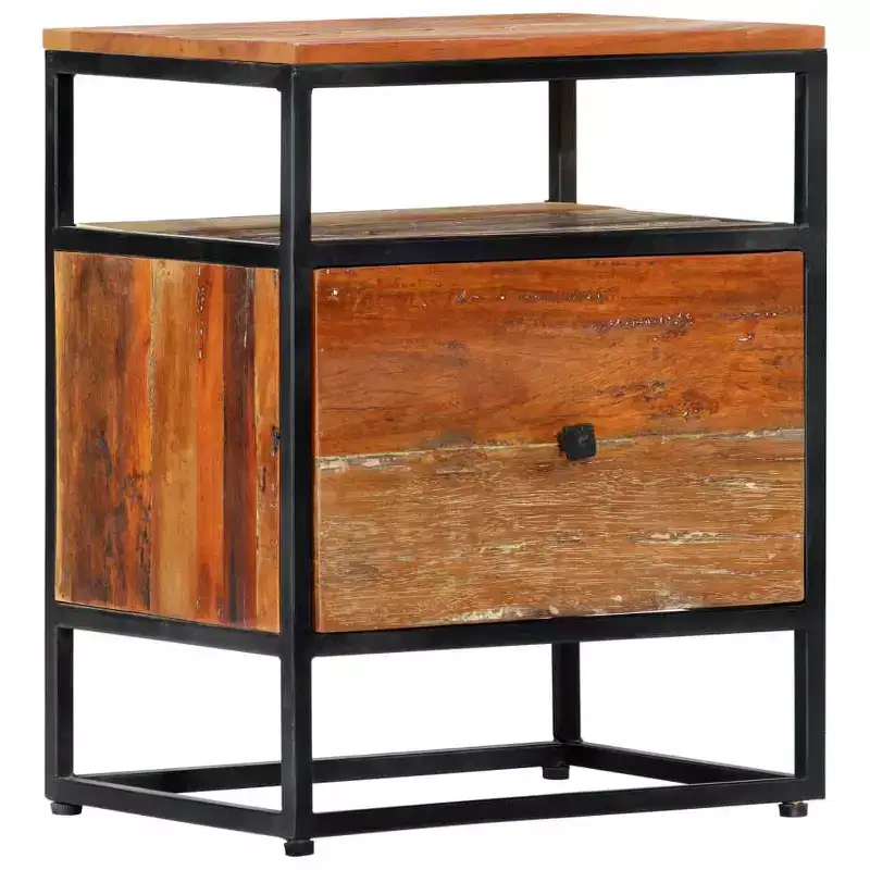 vidaXL Mid-Century Elegant Bedside Cabinet/Nightstand  15.7x11.8x19.7, Made from Durable Solid Reclaimed Wood and Powder-Coated Steel  Brown