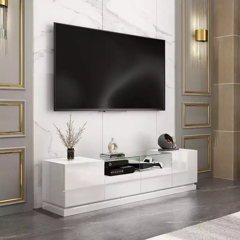 Famapy White 2-Drawers TV Stand With LED Lights Console Table