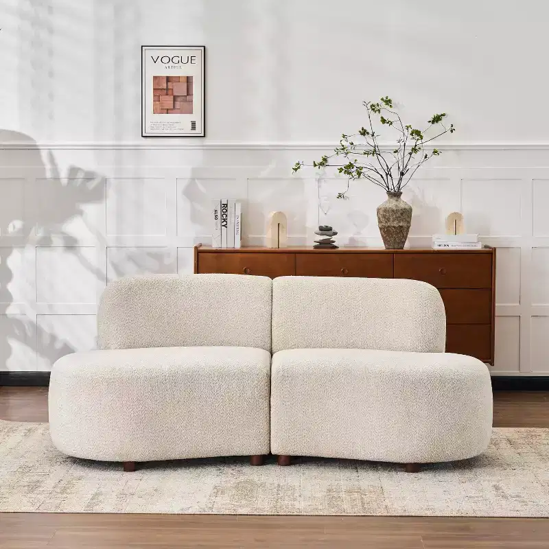 Beige Boucle Curved Sofa, Modern Style, Seats 2
