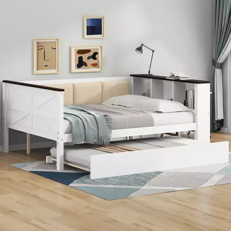 Twin Size Wood Daybed & Bed Frame with Storage Shelves, Upholstered Backrest and Trundle