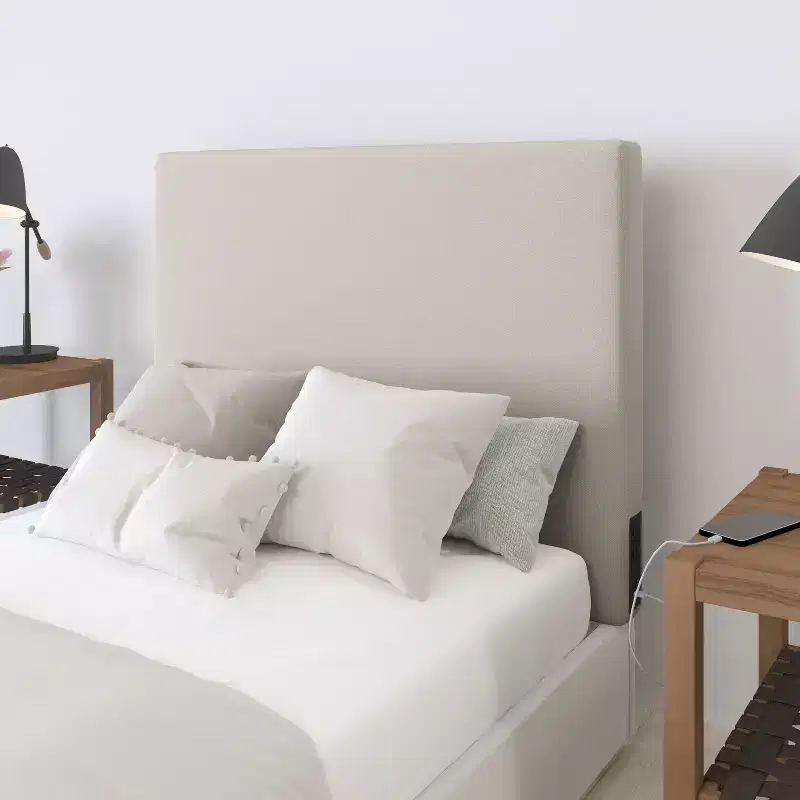 Merrick Lane Faux Linen Headboard with Stylish Upholstery, Dual Hanging Options, Charging Station with 2 Outlets, USB Port, USB-C Port
