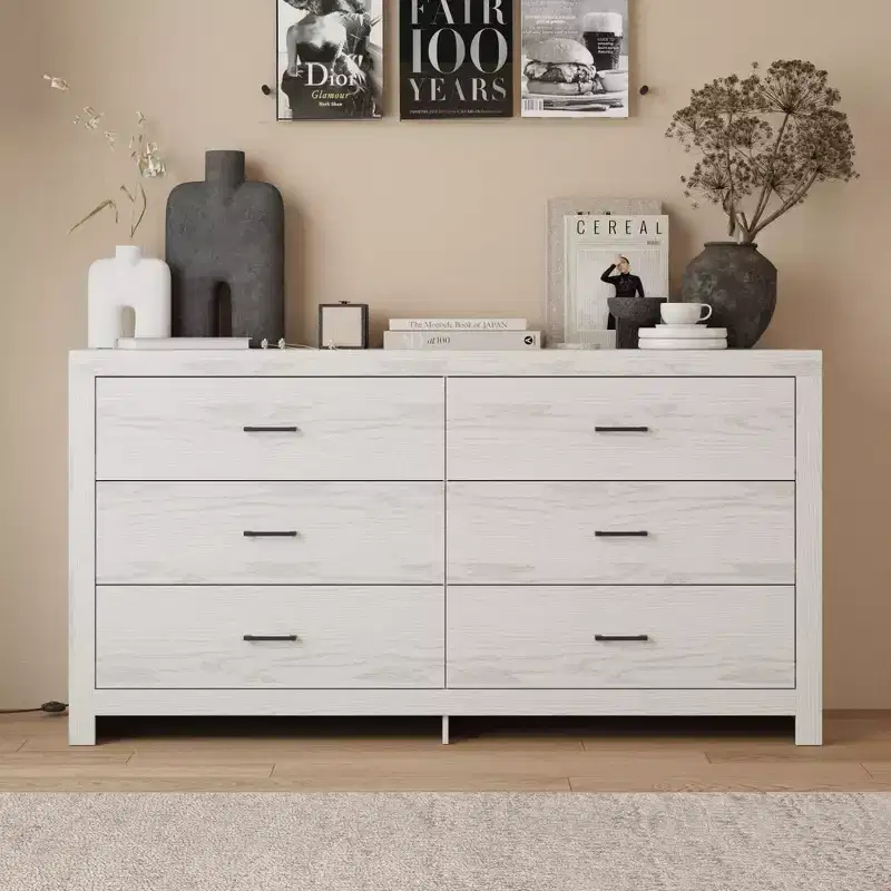 Wood Grain Dresser with 6 Drawers and Black Handles