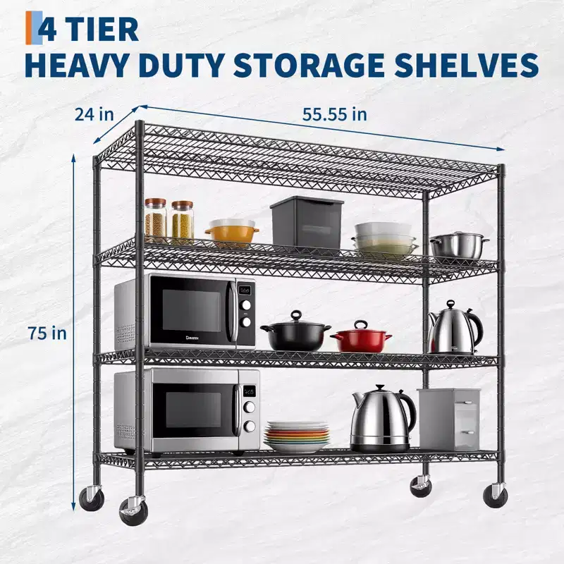 COZONY 4-Tier Heavy Duty Wire Shelving with Wheels, 2200 lb Capacity Adjustable Metal Storage Rack for Garage Warehouse Pantry