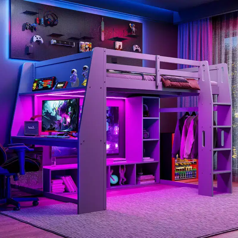 Whisen Wood Twin Size Gaming Loft Bed with Desk, Multi-storage Shelves, LED and a Hanging Clothes Rack