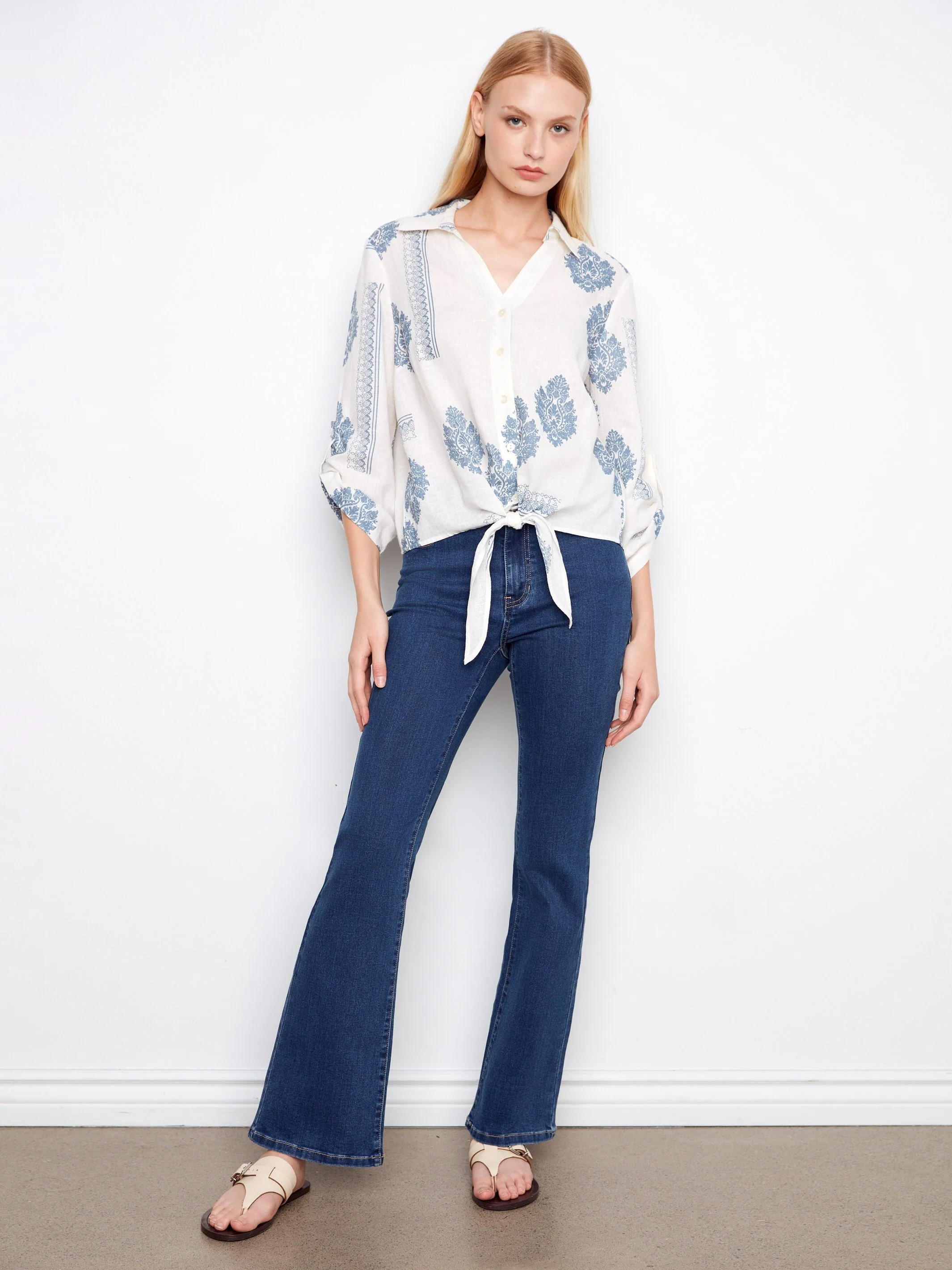 Printed Linen Blend Button-Up Blouse - Blue