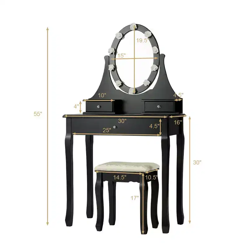 Bedroom Vanity Set with 10 LED Bulbs, 360° Mirror & 3 Drawers – Black, Pine Wood