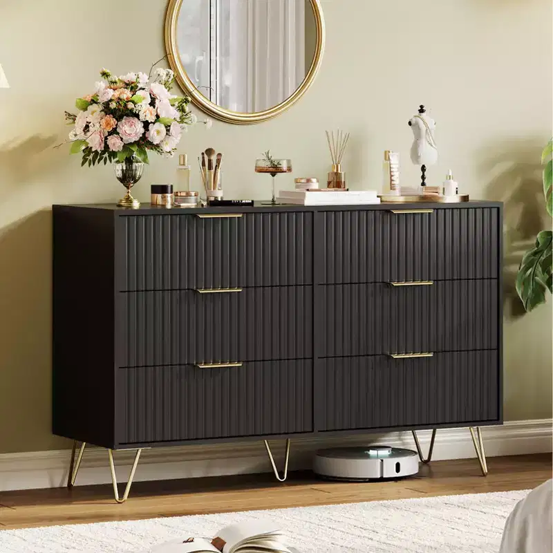 Modern Fluted 6-Drawer Dresser - 47 Wide Wooden Chest with Metal Handles - Spacious Storage Cabinet & Closet Organizer - TV Stand for Living Room