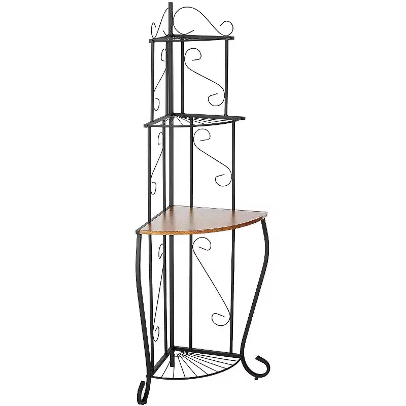 4-Tier Kitchen Storage Corner Baker's Rack with Walnut Wood Finish Shelf, Black