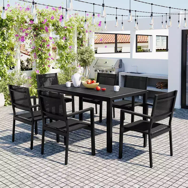 Whisen 7-Piece Weather Resistant Steel Outdoor Table and Chair Dining Sets, Patio Dining Set for Balcony, Backyard