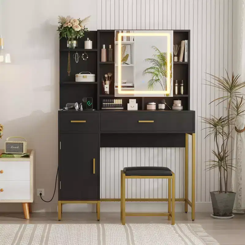 Vanity Table with Lighted Mirror & Charging Station  Makeup Vanity with Stool, Drawers & Cabinet for Bedroom