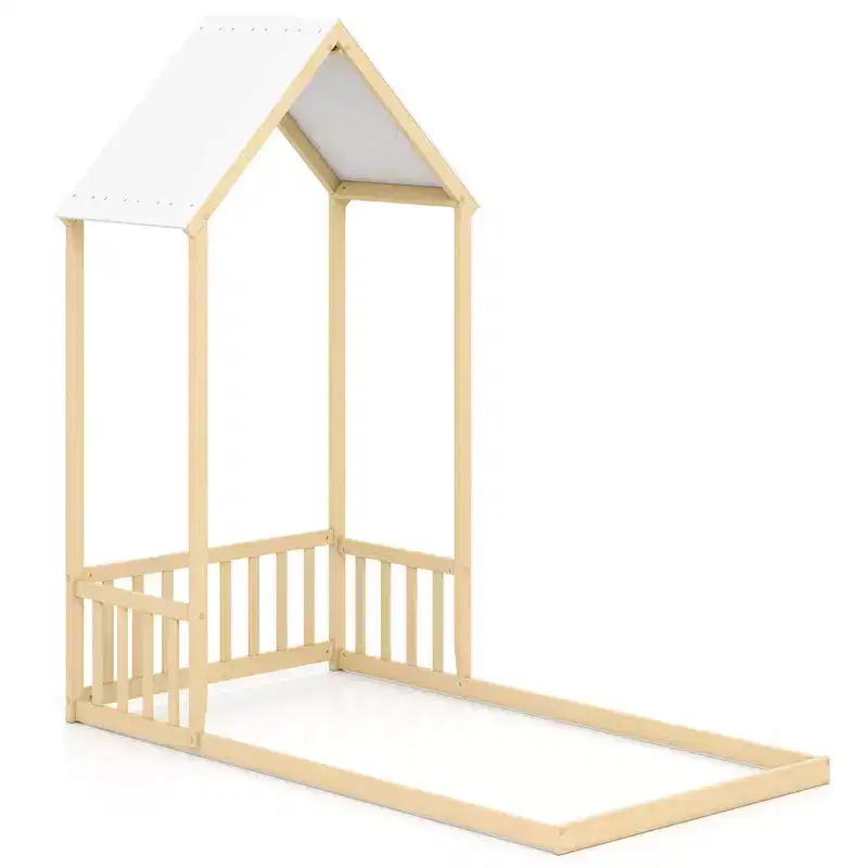 Costway Twin Size House Bed Montessori Floor Bed with House Shape Roof & Semi-Fence Natural/White/Gray