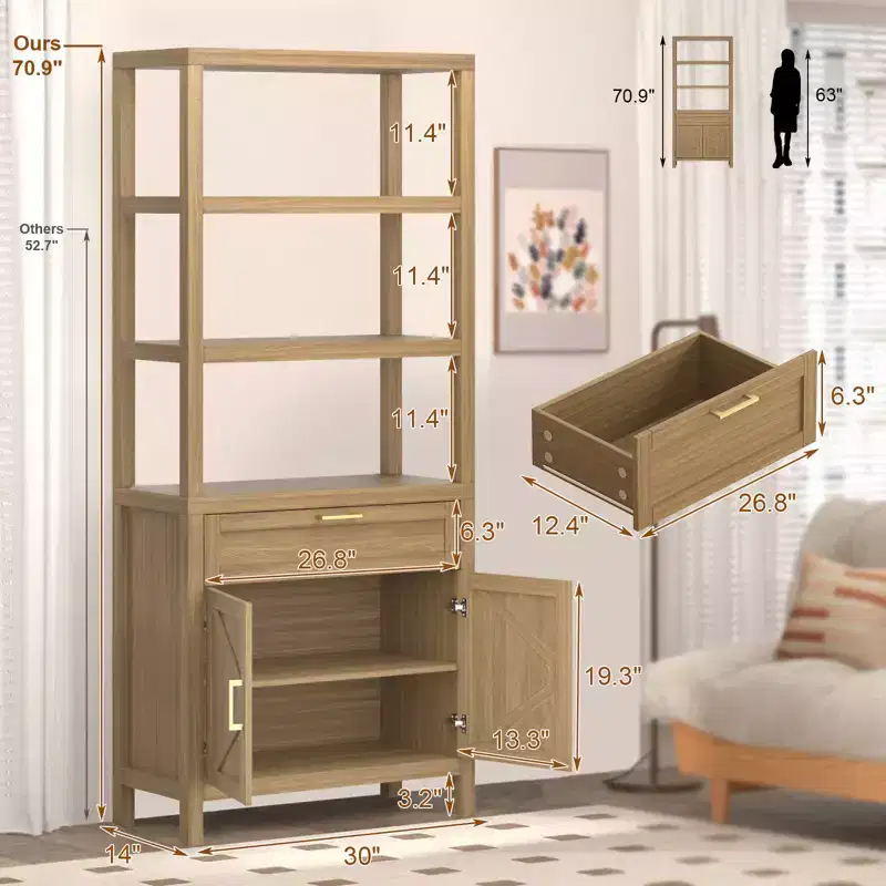 High-Rise Farmhouse Style Bookshelf with Double Doors and Drawers Modern Wooden Display and Storage Cabinet Ideal for Living Rooms and Bedrooms