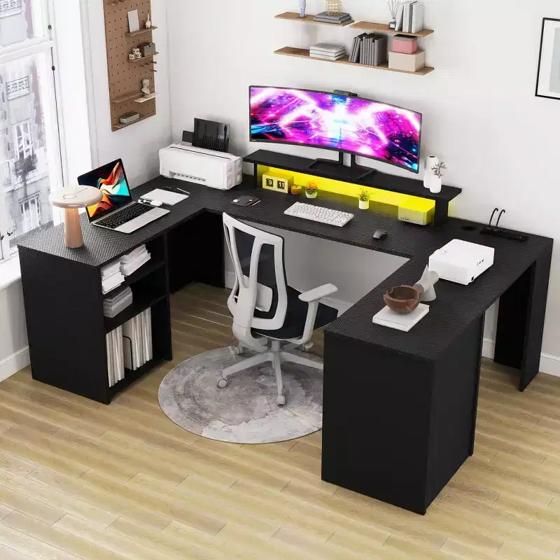 U Shaped Computer Desk Gaming Desk With Drawers With Storage Shelves & Record Storage Display Shelf Black