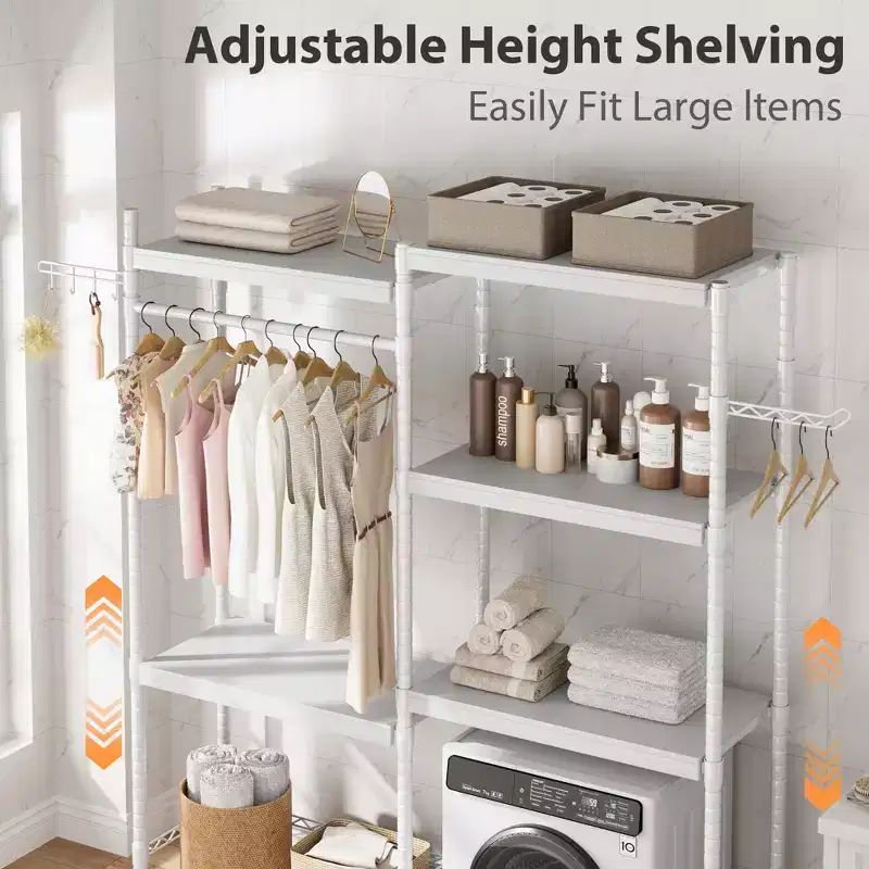 28 Adjustable Over Washer Dryer Organizer, 5-Tier Laundry Room Storage Rack, Double Wood Shelves, Space Saving Shelf Unit for Bathroom, Laundry