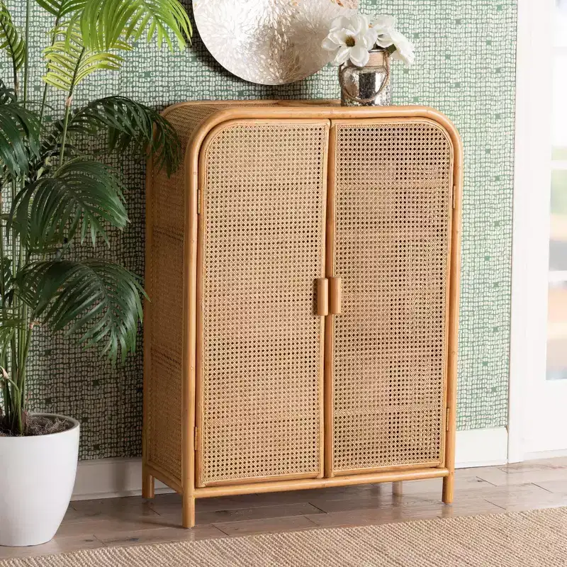 Bohemian Rattan 2-Door Storage Cabinet 3 Shelves Light Honey Plywood No Assembly