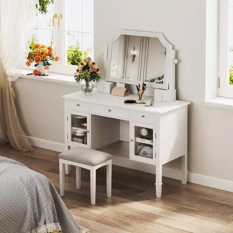 Makeup Vanity Desk with Large Adjustable Mirror, Stool & Drawers, White Vanity Table Dressing Table Multi-Functional Computer Writing Desk