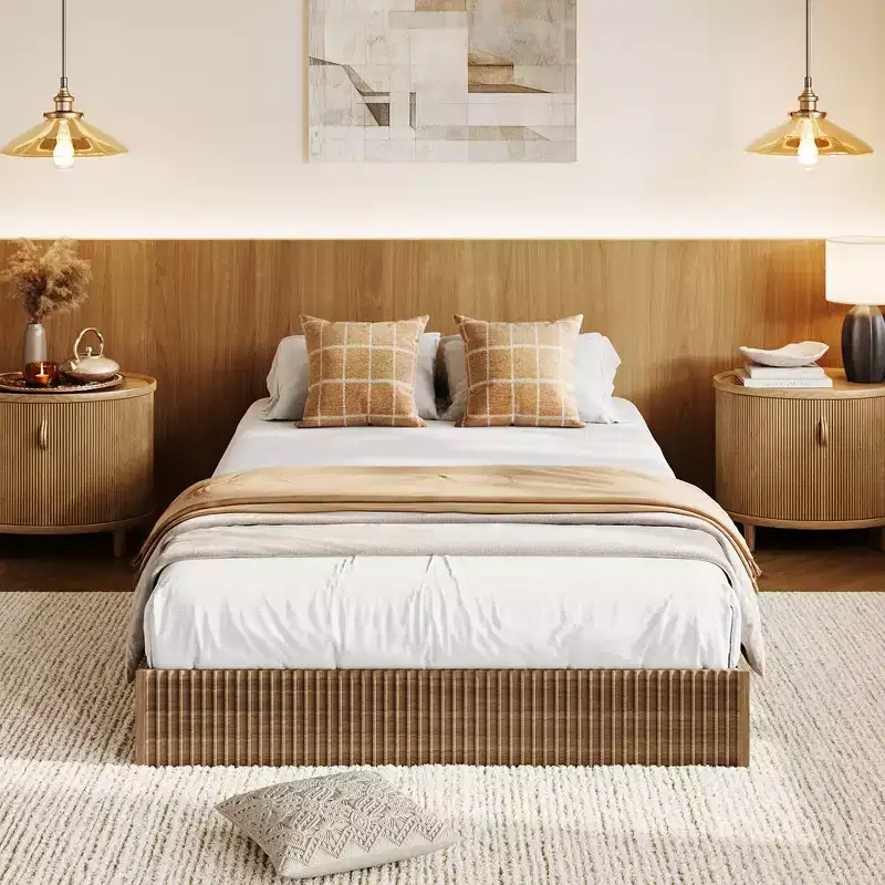 Minimalist Fluted MDF Wave Platform Bed Frame - Sturdy, Stylish, Noise-Free, Easy Assembly, No Box Spring Needed, Space-Saving