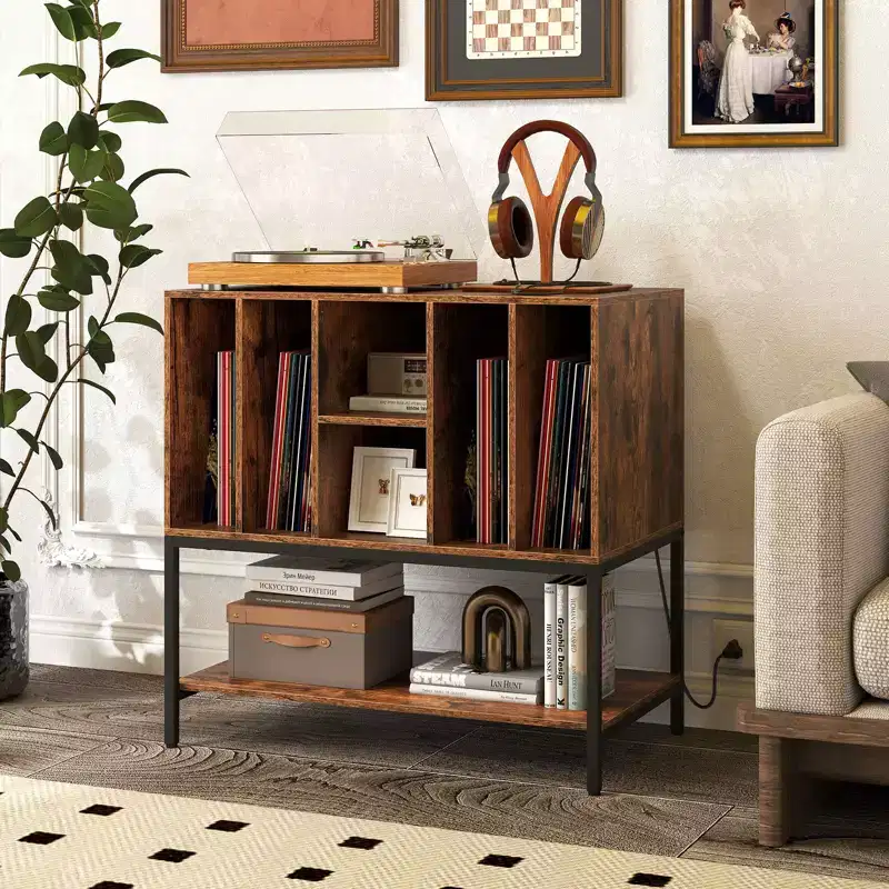 Record Player Stand with Charging Station, Vinyl Storage Shelves and Metal Frame