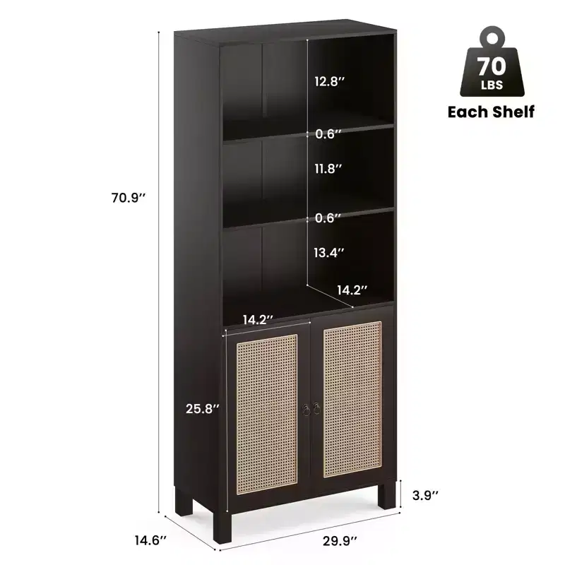 PexFix 5 Shelf Bookshelf with Rattan Doors White Tall Bookcase Display Shelves for Home Office Bedroom