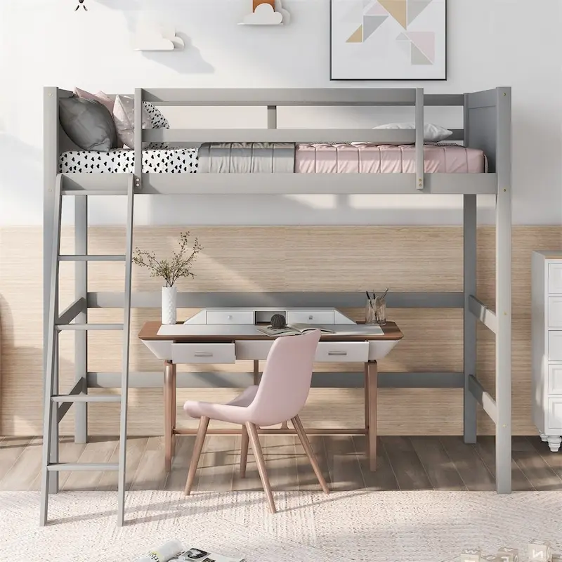 Twin Size Solid Wood Loft Bed with Ladder – White / Espresso / Grey, 1-Person Use