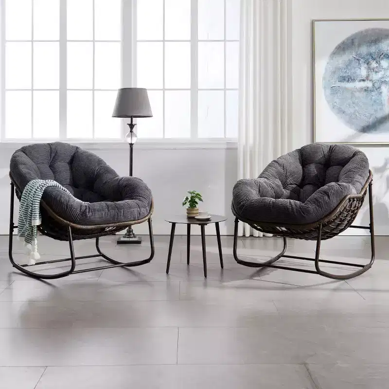 Modern Rattan Accent Rocking Chair with Padded Cushion, Steel Frame Oversized Rocking Chair for Living Room, Bedroom, or Apartment-Panipeachy