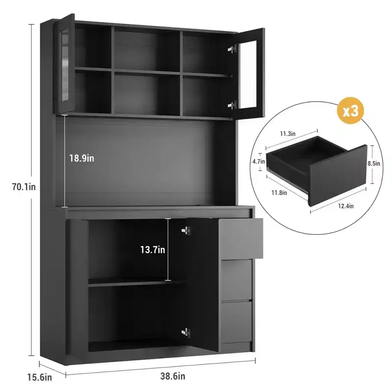 Kitchen Pantry Cabinet with LED Lights and Charging Station, Tall Storage Cabinet with Countertop, Pantry with Drawer and Glass Doors