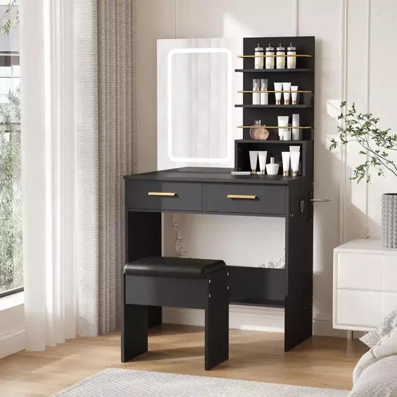 GustoWave Contemporary Vanity Desk with Mirror and Lights, Makeup Vanity Table with Drawers and Shelves, Cabinet and Cushioned Stool