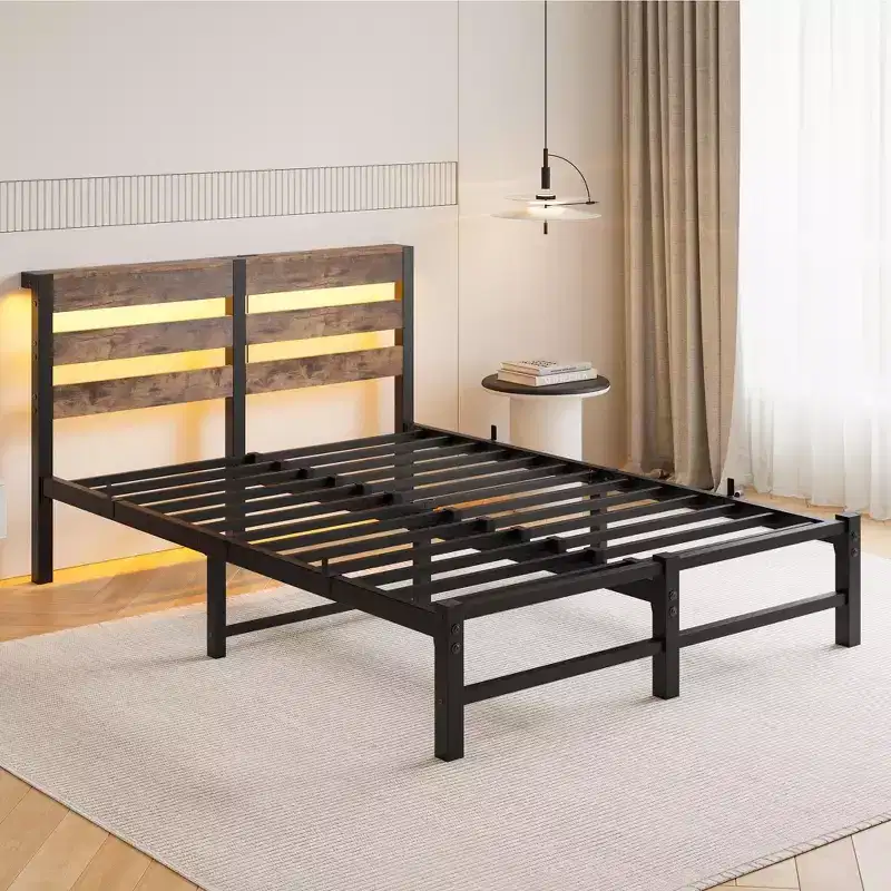 Full Size Metal Wooden Headboard Bed Frame Charger Storage Shelf Noise Free No Box Spring Needed Rustic Brown