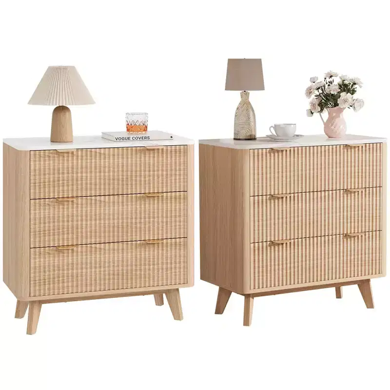 32 Fluted Nightstand Set of 2 - Oak Modern Bedside Tables with Faux Marble Top & 3 Drawers (Curved Profile End Tables for Bedroom/Living Room)