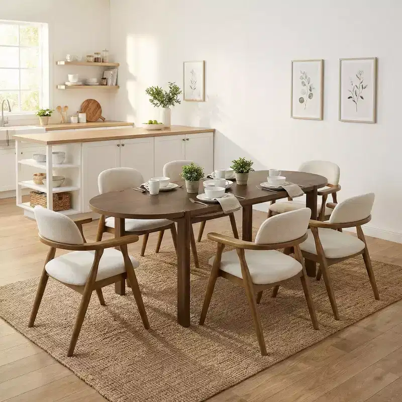 Christopher Knight Home Qinon Modern 7 Piece Patio Rubberwood Dining Set with Oval Table and Curved Backrest