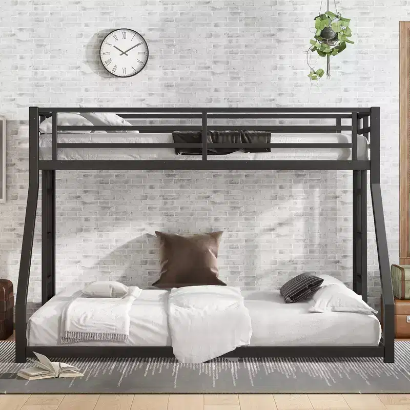 Metal Bunk Bed Twin XL over Queen with Guardrails, Floor Bunk Bed Frame with Built-in Stairs for Kids and Teens, Black