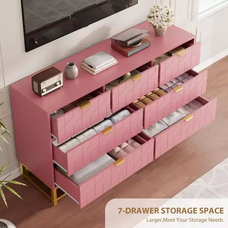 Modern Pink 7-Drawer Dresser with Gold Accents, Chest of Drawers for Bedroom, Living Room, Large Storage Organizer with Anti-Tip