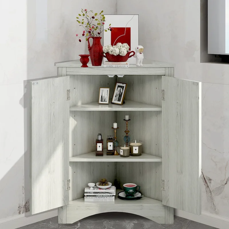 Triangle Bathroom Storage Cabinet with Adjustable Shelves, Freestanding Floor Cabinet for Home Kitchen