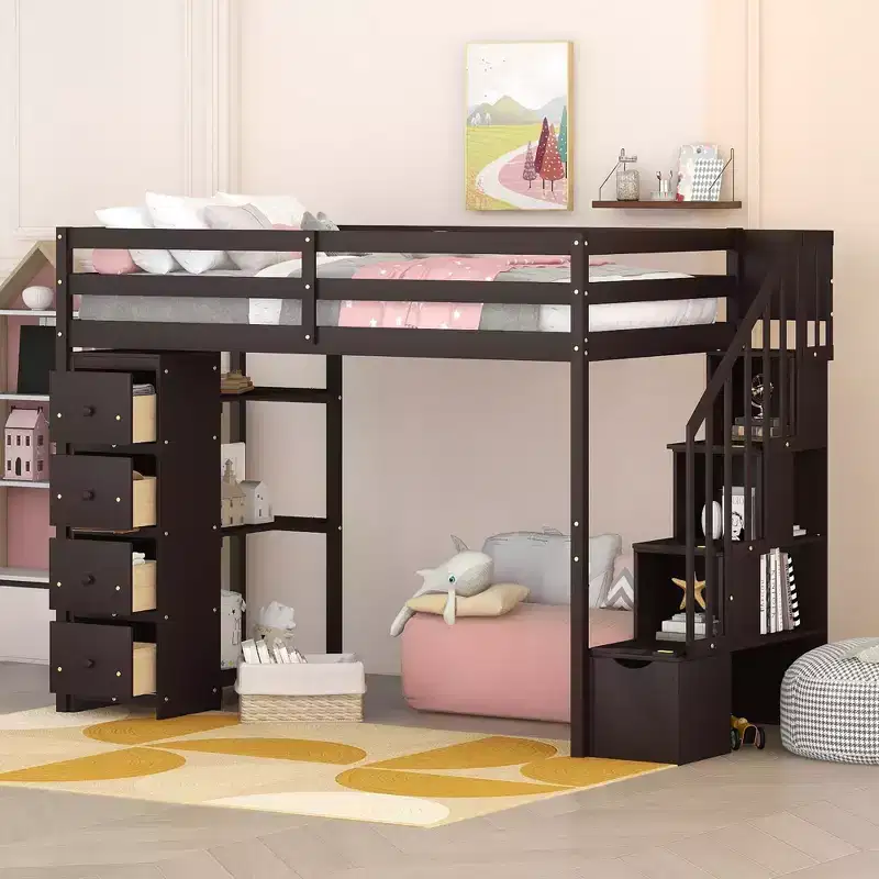 Whisen Twin size Wooden Loft Bed with Storage Drawers and Stairs, Shelves