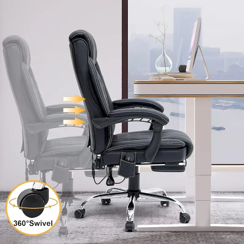 Ergonomic Heated Executive Office Chair, 2/4/6-Point Massage, Retractable Footrest, PU Leather