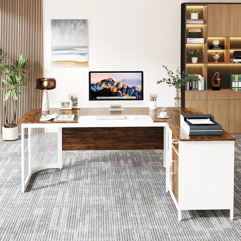 Large 63 L-Shaped Executive Office Desk with 31 File Cabinet