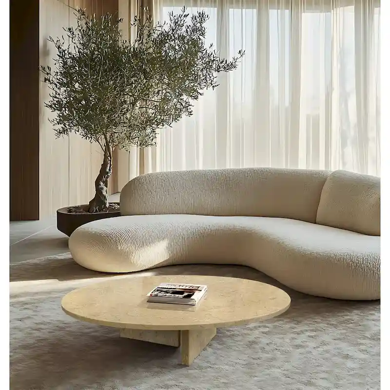 White/Beige/Blue Round Marble Coffee Table, 1-Top, 35.4