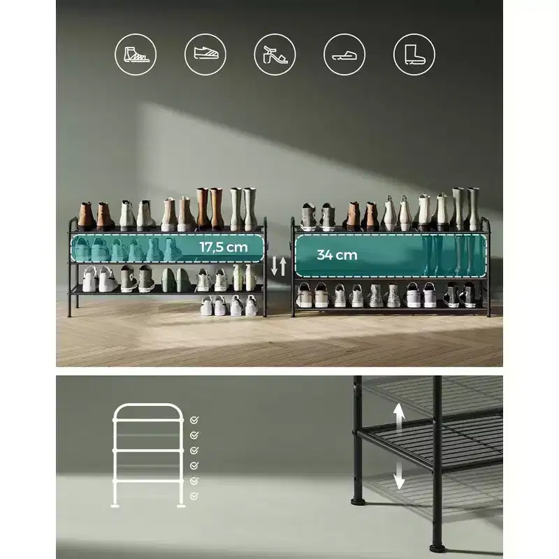 Shoe Rack, 3-Tier Shoe Organizer, Metal Shoe Shelf Storage with 4 Side Hooks, Holds 18 Pairs of Shoes, Height-Adjustable Shoe Rack, Ink Black