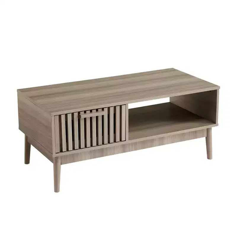 Brown 2-Tier Rectangle Coffee Table with Drawer, Seats 1