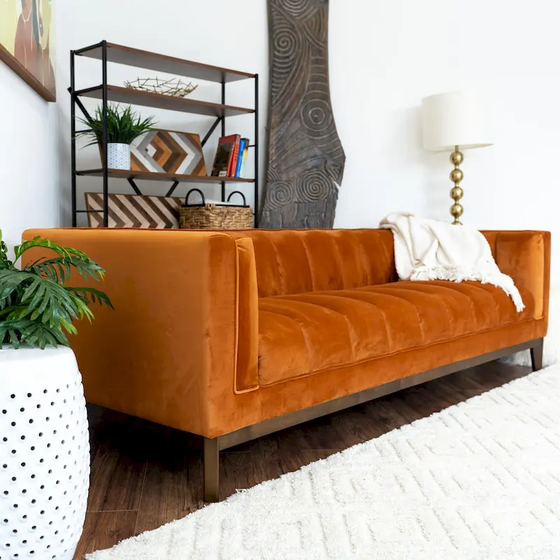 Mid-Century Modern 2-Seater Sofa | Velvet & Boucle | Green / Ivory / Orange