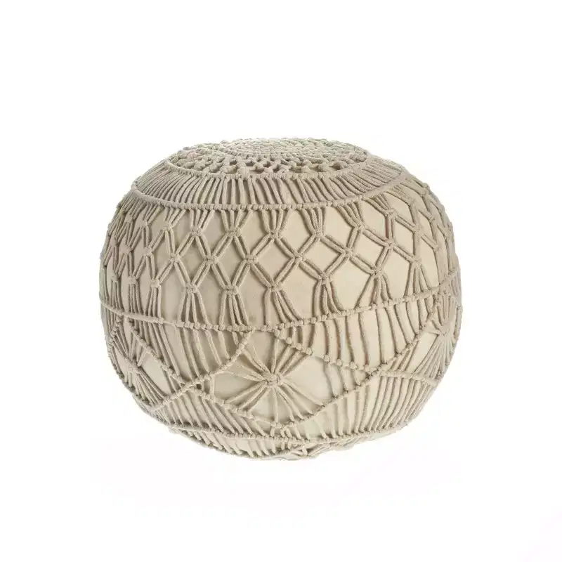 HomeRoots 20 Cream Cotton Tufted Round Geometric Pouf Ottoman