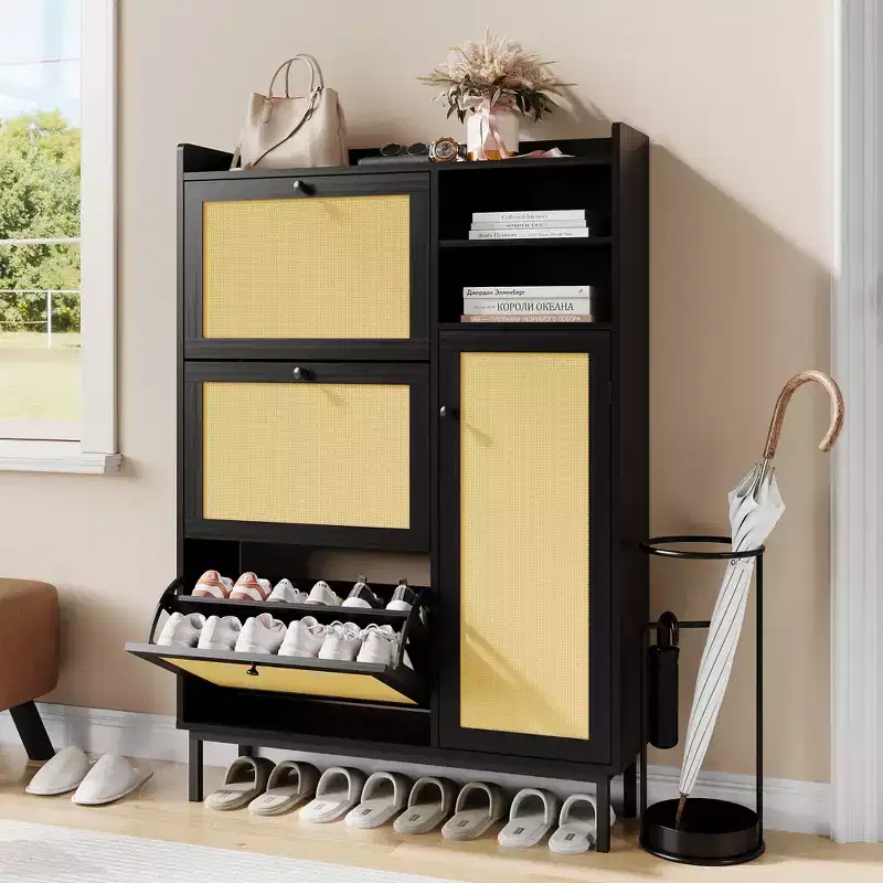 Rattan Shoe Cabinet with 3 Flip Drawers & 4-Tier Shelves