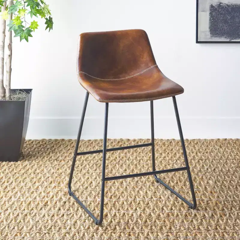 Counter Stool - Iron Leather Upholstered, Armless, Padded Back, 275lb Capacity