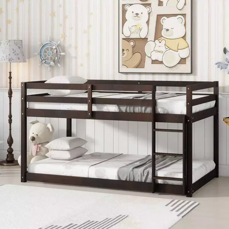Twin Over Twin Floor Bunk Bed with Ladder & Strengthened Slats, Rubberwood Frame for Kids Room