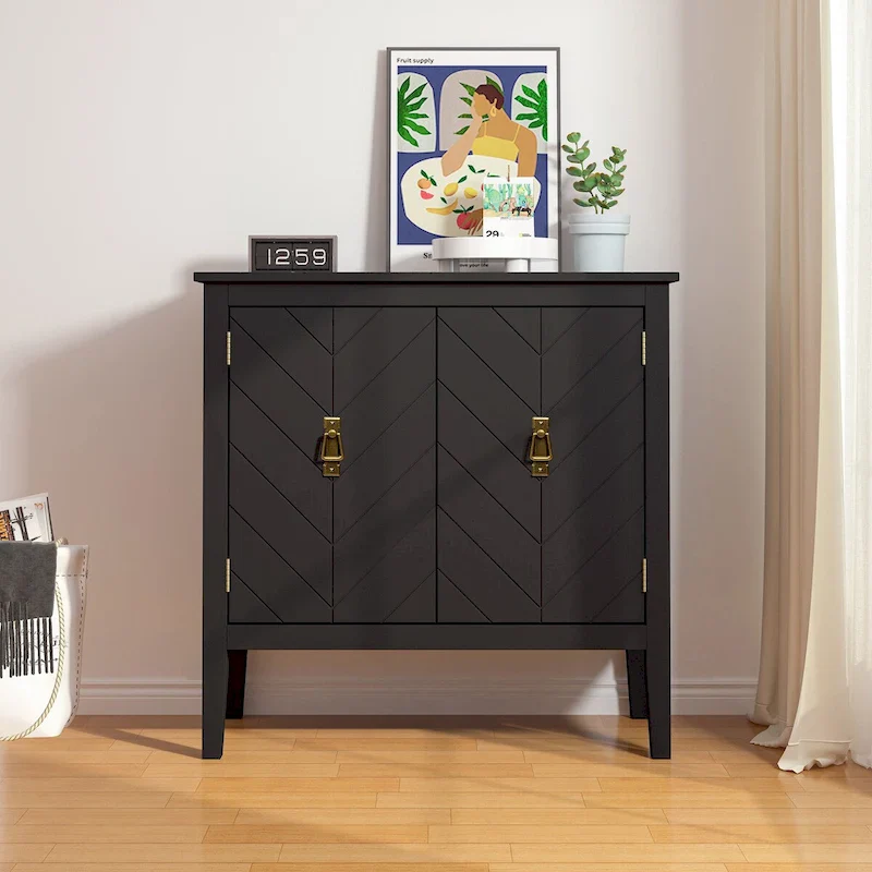 2-Door Vintage Sideboard with Adjustable Shelves – Black / Grey, MDF, Antique Copper Handles