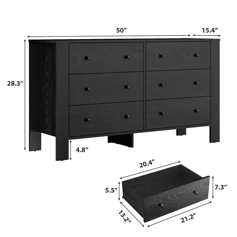Wide 6 Drawer Dresser for Bedroom Modern Wooden Chest with Deep Storage Drawers, Metal Knobs Ideal for Kids Room, Entryway, Hallway